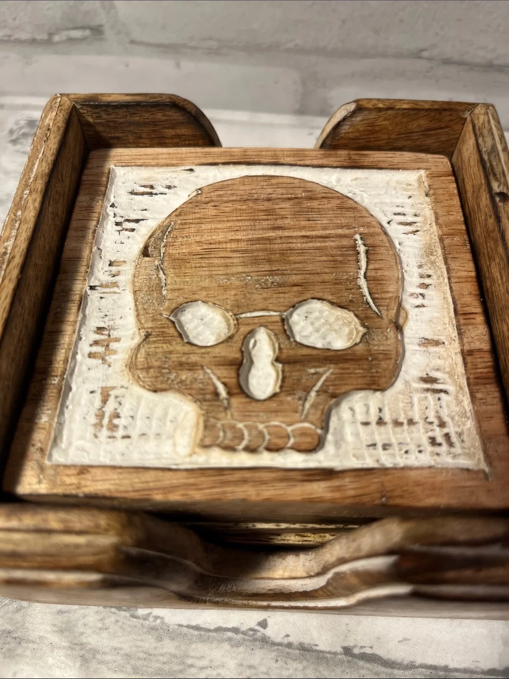 Handcrafted Wooden Skull drink Coaster Set of 5 with Holder - Brown & White